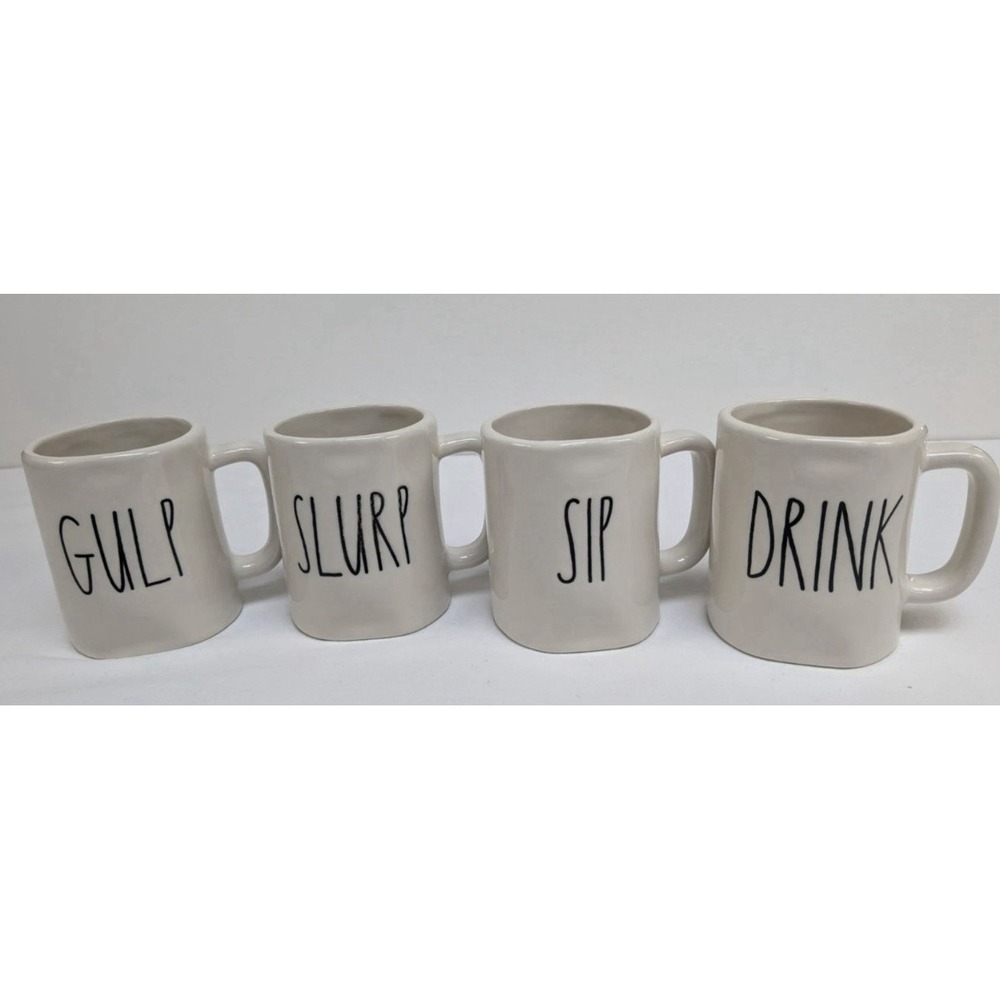 Rea Dunn Magenta Set Of 4 White Espresso Ceramic Mugs #210 Drink Gulp Slurp Sip